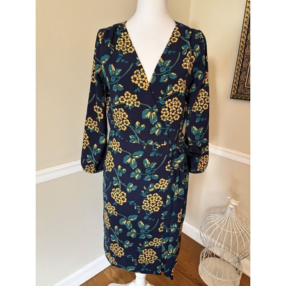 J.Crew Women’s Size 2 Blue Yellow Floral True Wrap Dress 3/4 Sleeve